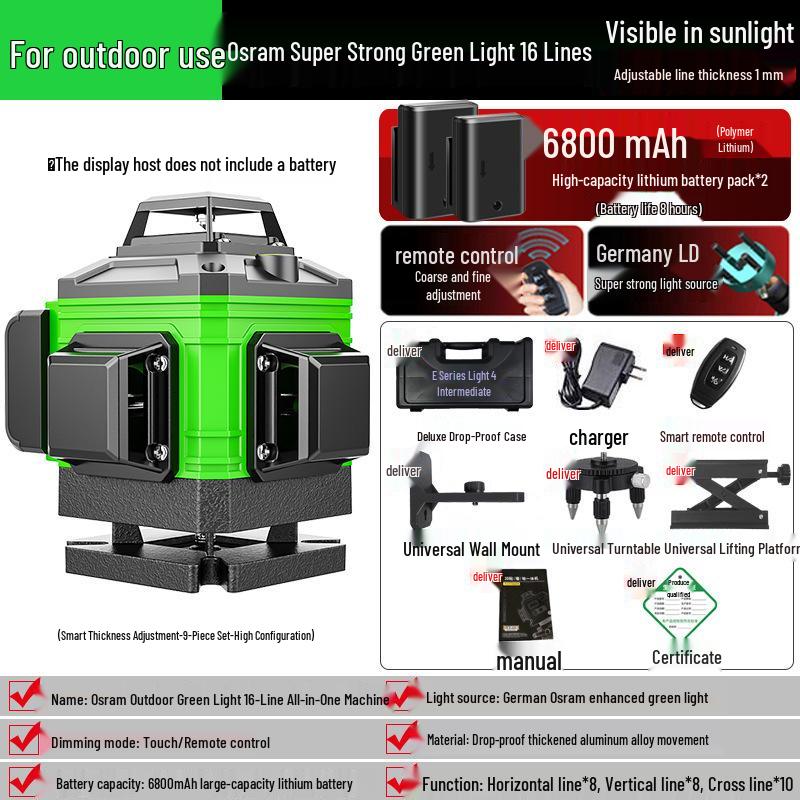 High-Precision 12-Line Green Laser Level with Auto-Leveling for Outdoor Use