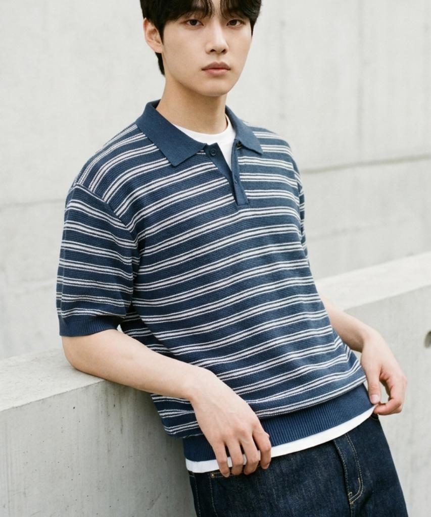 CHAMBROS Oversized Collared Short Sleeve Knit [Navy]