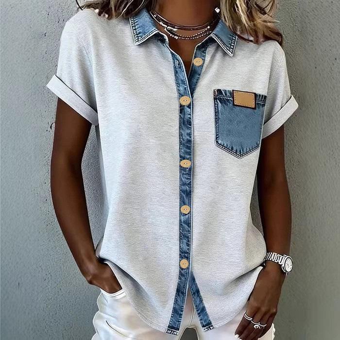 Spring and Summer New Style Retro Contrasting Patchwork Short-Sleeved Padded Women's Blouse