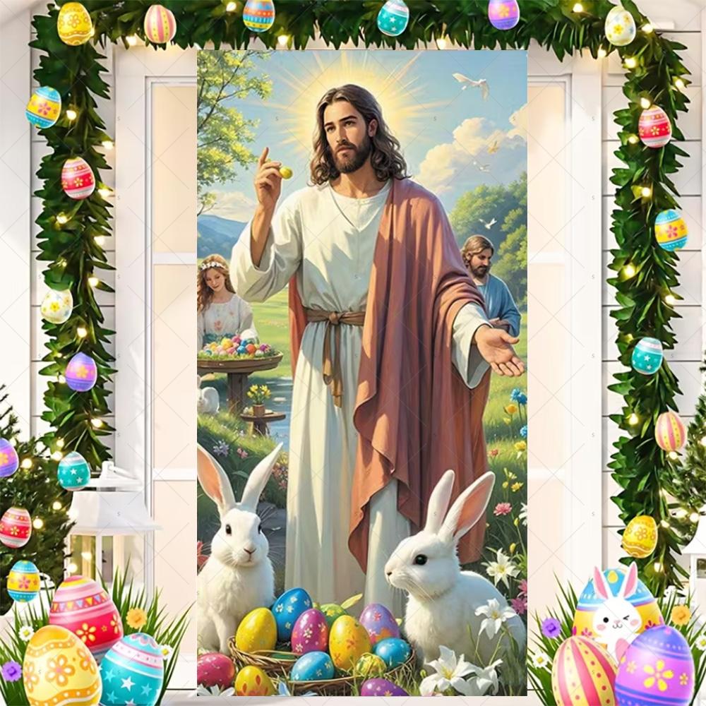Happy Easter Cute Bunny Door Cover Backdrop Spring Garden Floral Easter Egg Background Easter Party Decoration Photo Shoot Props