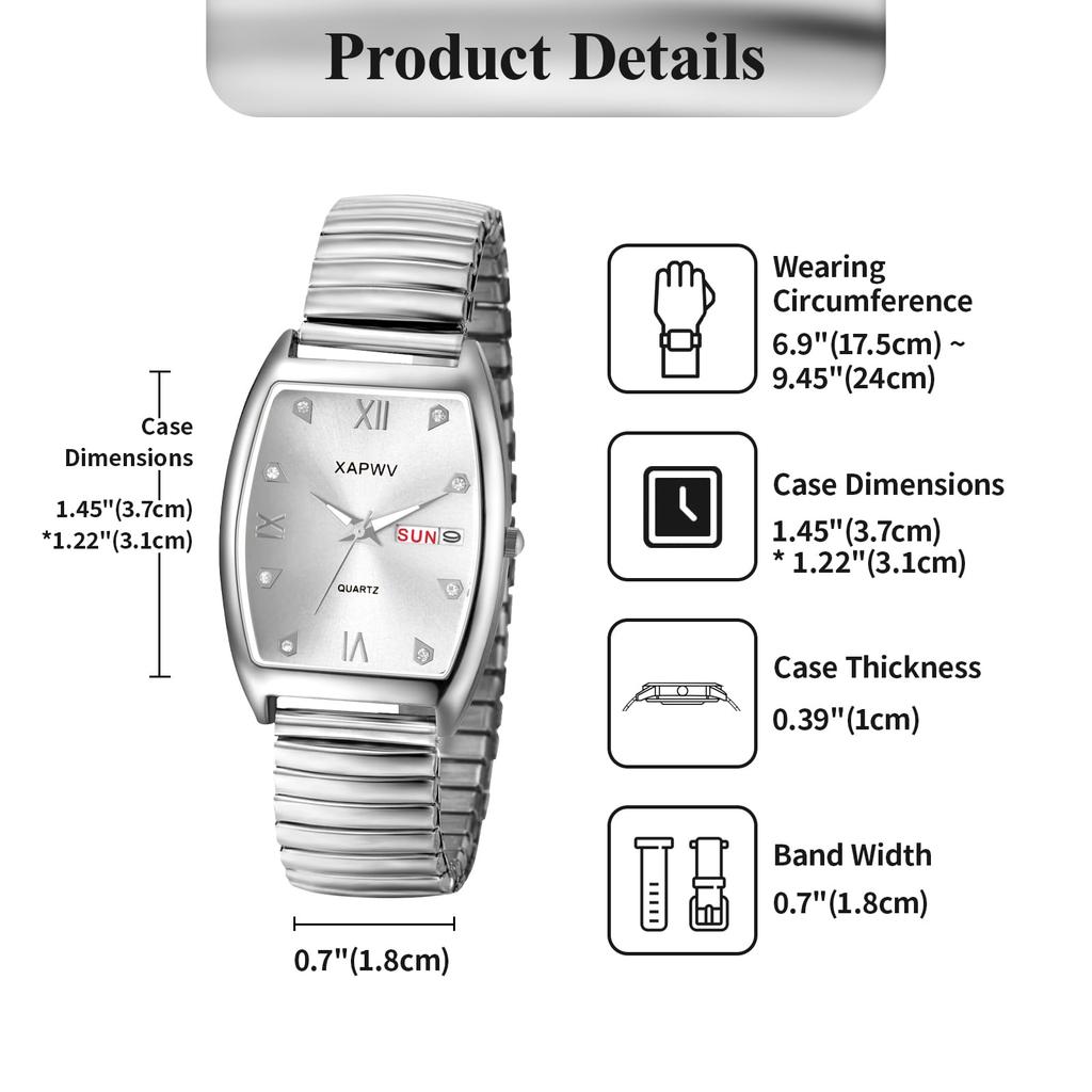 Einfache und stilvolle silberne quadratische römische analoge Wochentags-Einheitsgröße antikes Quarz-Modeaccessoire perfektes Geschenk für oder Liebhaber Herrenuhr