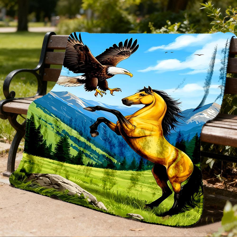 1pc Eagle Horse Throw Blanket Polyester Fiber, Lightweight Flannel, Soft & Warm, All Season Use for Outdoor, Camping Digital Print