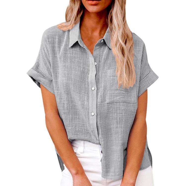 Casual Loose Women Shirt Short Sleeve Lapel Button Down Top With Pocket Tshirt Fashion Color