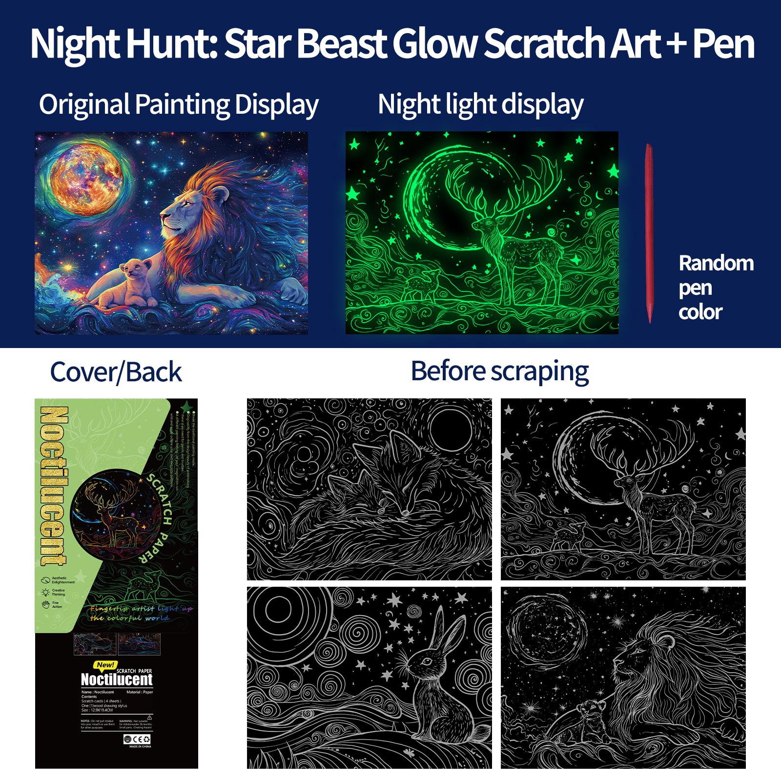 

4 Pcs/Set A4 Noctilucent Diy Scratch Painting Vivid Starry Sky Animals Lion Elk Manual Scratch Painting Drawing Artistic Work 31.5x22.4 cm