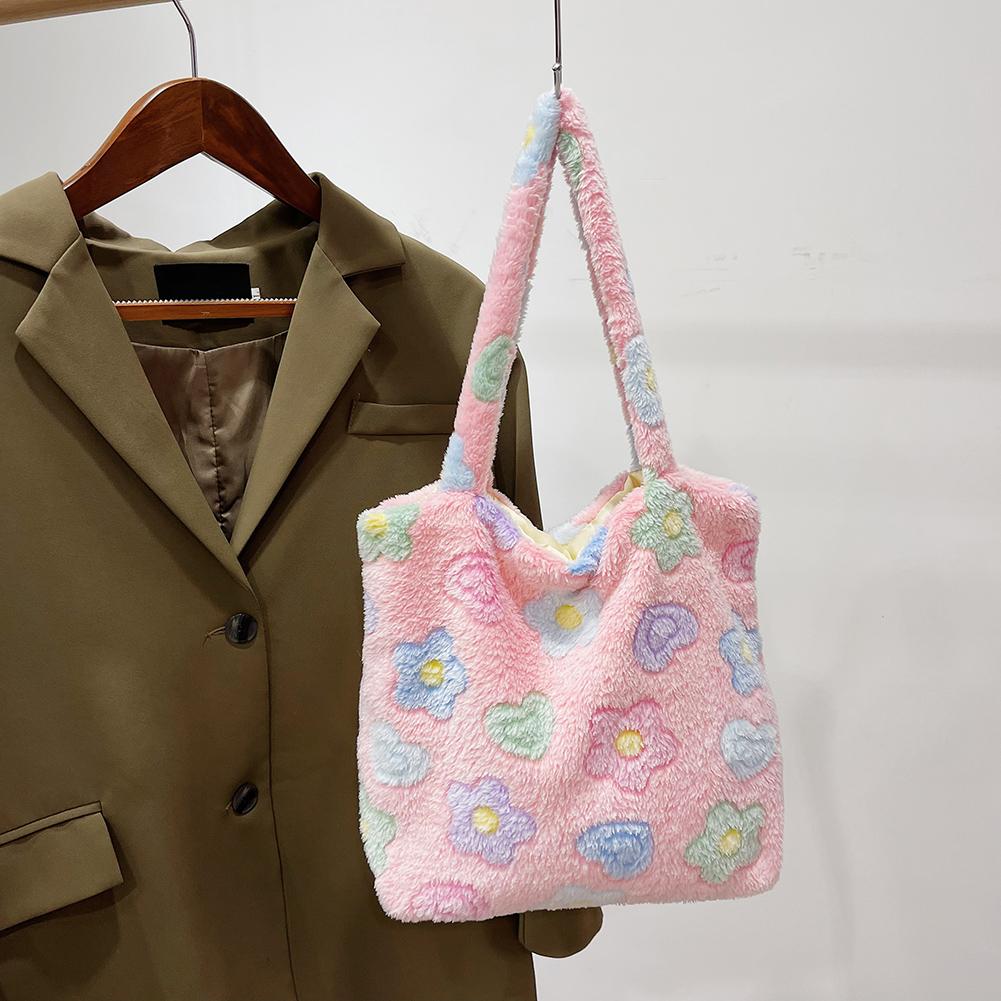 

Fashion Plush Shoulder Bag Plaid Flower Top Handle Women Winter Purse Handbags розовый