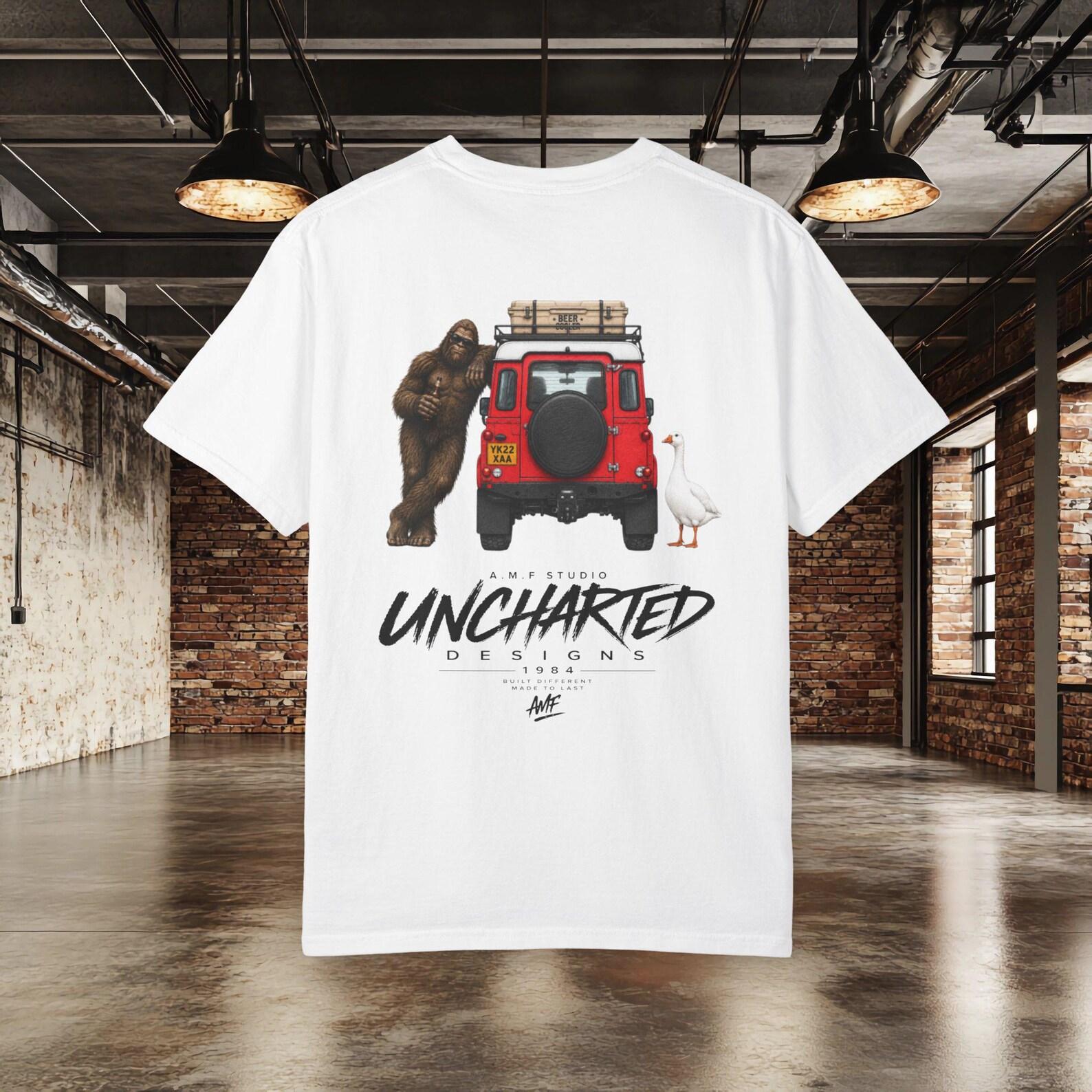 Red Off Road Landy Bigfoot Goose Shirt, Sasquatch Beer Lover Tee, Adventure 4x4 Graphic T shirt, Camping Road Trip Shirt, Funny Outdoor Tee L
