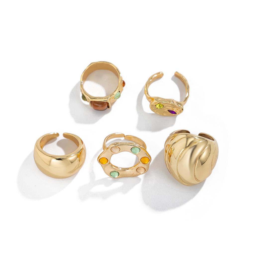 Fashion Color Diamond-Set Gemstone Ring Set, Exaggerated Stacking Of Metal Glossy Open Rings