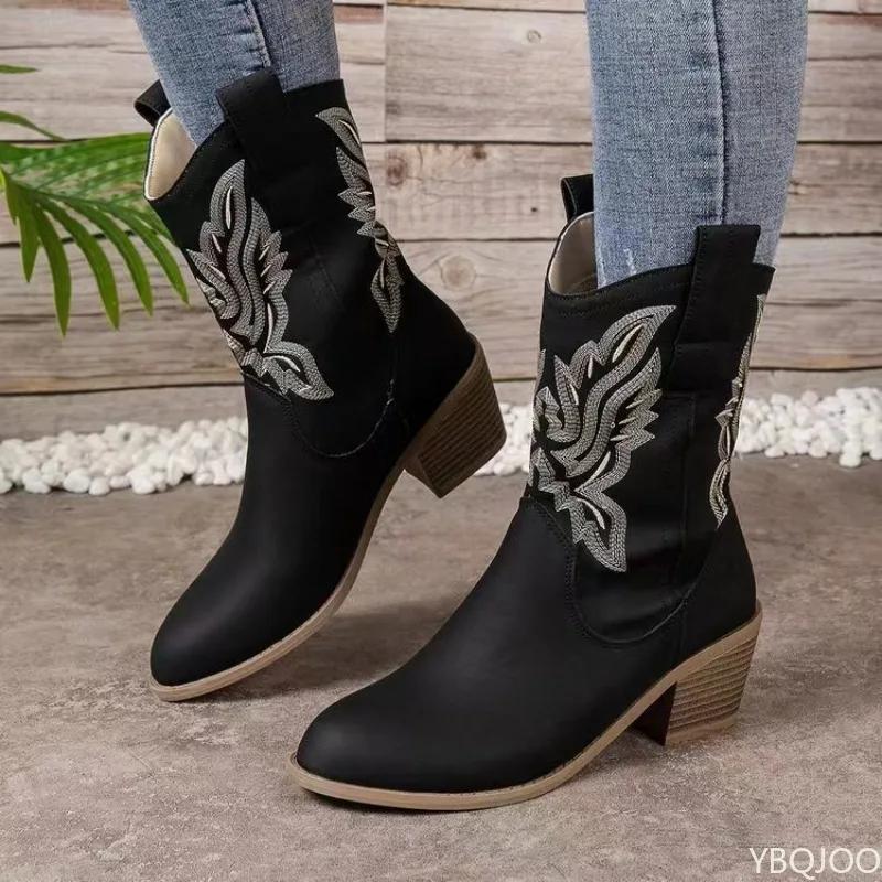 Elegant Comfortable Women's Shoes Autumn Winter Embroidered Thick Heel Women's Boots Retro Minimalist Midsole Pointed Boots