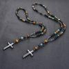 Natural Stone Africa Turquoise And Tiger-Eye Beads Cross Pendant Necklace Rosary For Men And Women