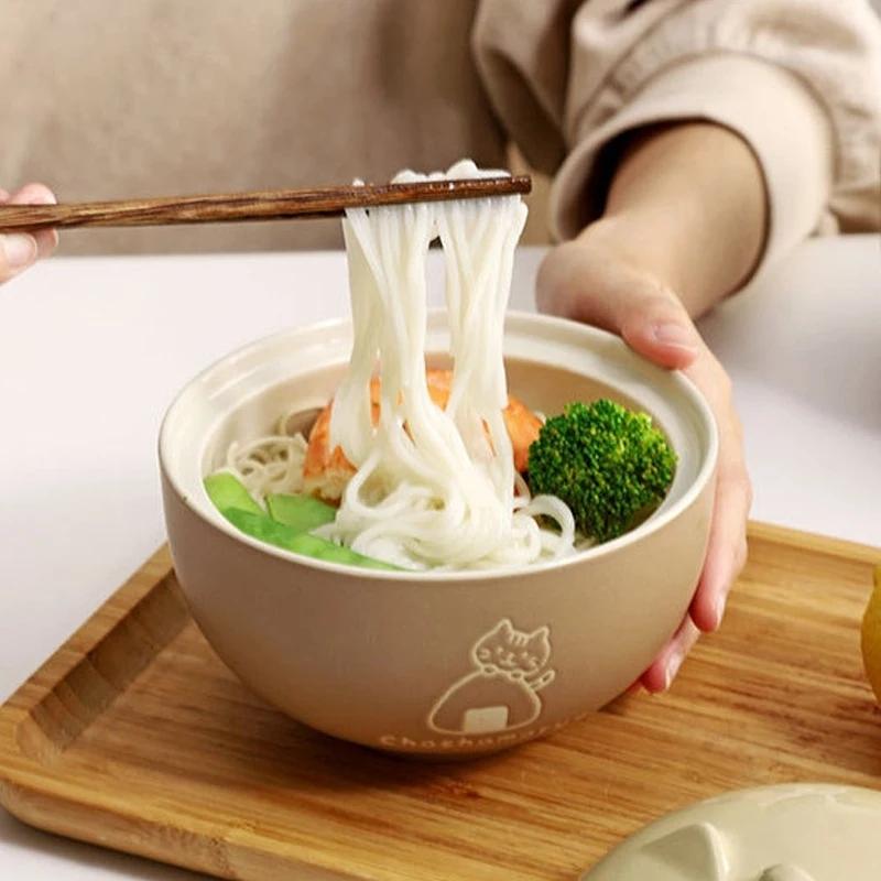 YWDL 550ml Cartoon Cat Ceramic Instant Noodle Bowl With Lid Underglaze Color Soup Salad Bowl Kitchen Office Student Lunch Box