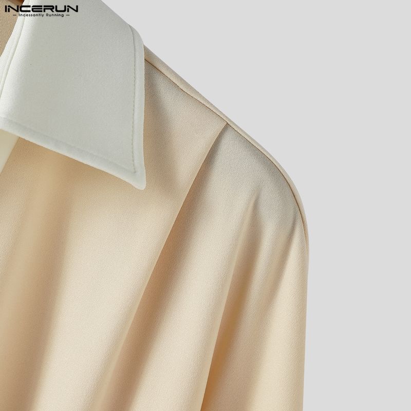 INCERUN Oversized Spring Men Deep V Neck Casual Long Sleeve Stitching Pullover T-shirts Tops