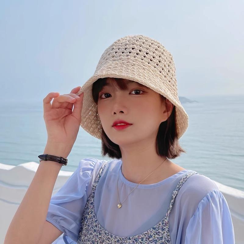 Summer Hollow Bucket Hat Women's Breathable Hat Thin Anti-ultraviolet Sun Hat Fashion Basin Hat Bucket Advanced Sense
