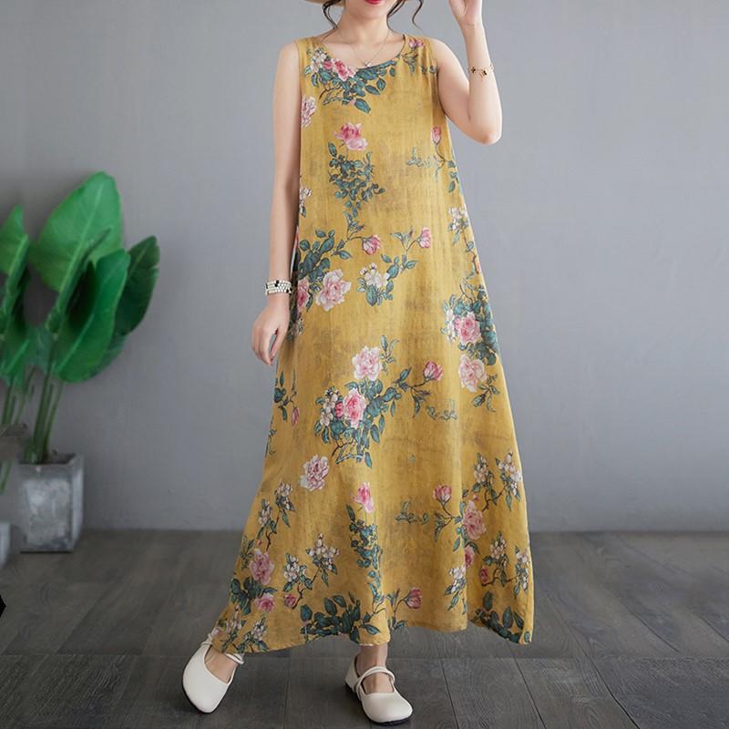Sleeveless Plus Size Cotton Vintage Floral New In Dresses for Women Casual Loose Long Summer Dress