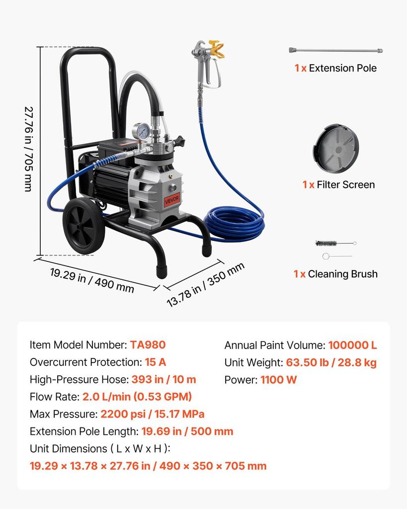Diaphragm Airless Paint Sprayer, 1100 W Efficient Cart Airless Paint Sprayer, 2200 psi High Pressure, with Extension Pole, Cleaning Needle and Brush,