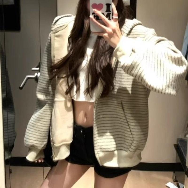 Paski Damskie Topy Zamek Jesień Zima Y2k Bluzy Koreańskie Luźne Z Kapturem Retro Kurtka