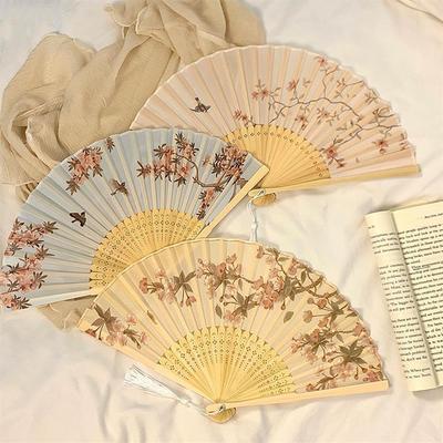 Vintage Bamboo Folding Fan Chinese Japanese Hand Fan Foral Printing Art Craft Gift Home Decoration Ornament Dancing Hand Fans