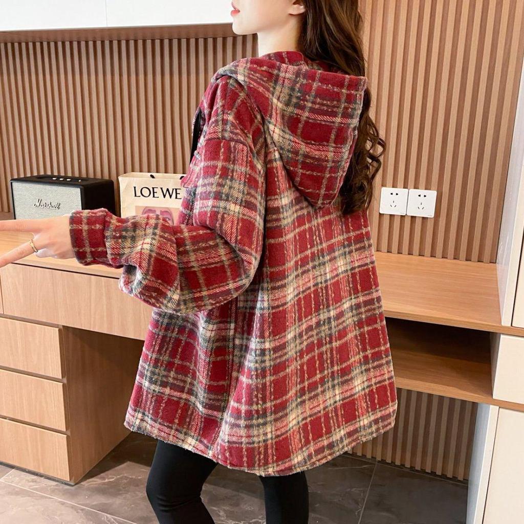 Women's Retro Plaid Hooded Shirt Jacket, Winter 2025, Plus Velvet, Thick, Mid-Length, Cozy Style, Age-Defying