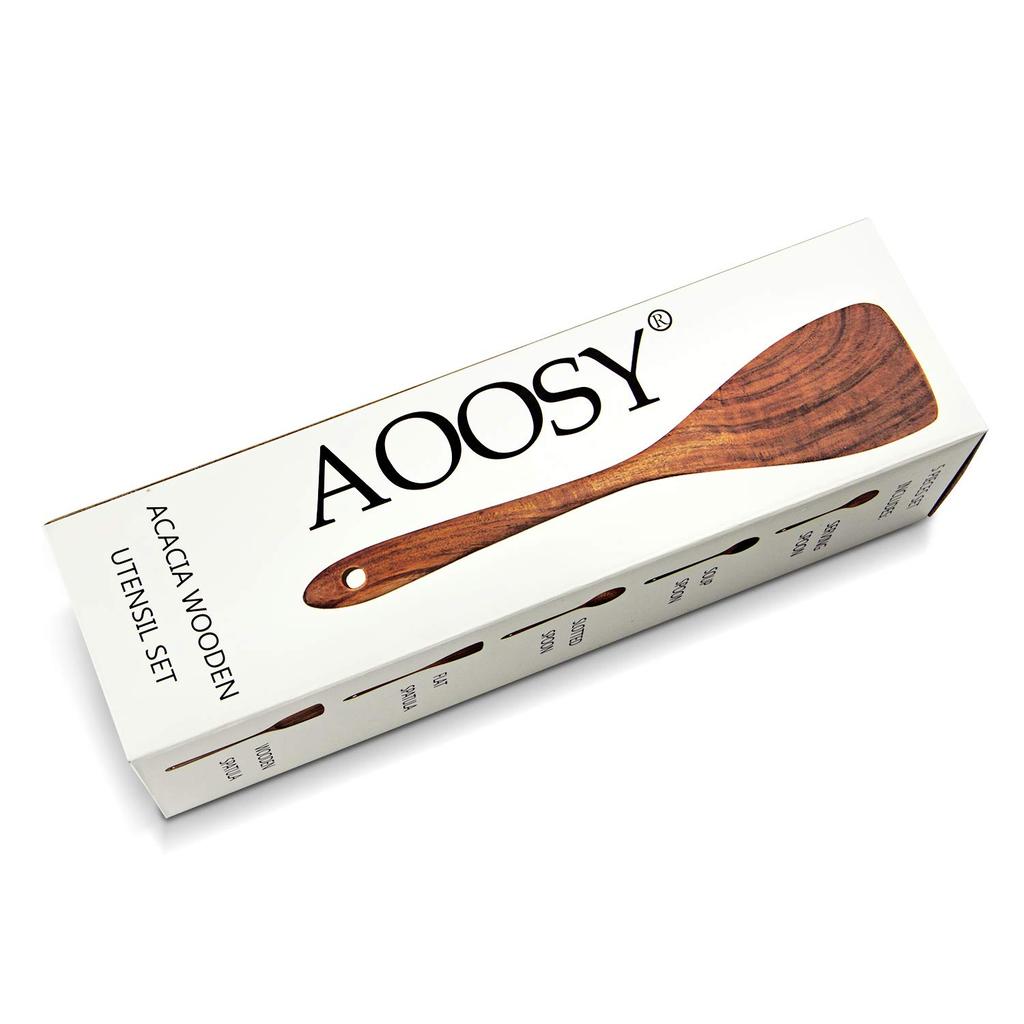 AOOSY 5-Piece Kitchen Utensil Set, Natural Wood, Includes Wok Rice Paddle, Spatula, Turner, Skimmer, Ladle, Soup Spoon, and Large Ladle, with Box