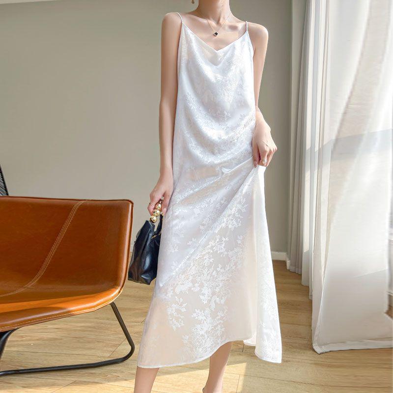 New Chinese National Style Jacquard Spaghetti Strap Over-the-Knee Satin Dress