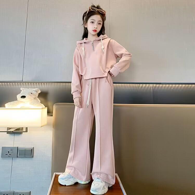 Mädchen Herbst Koreanischer Stil Kapuzenpullover & Weitbein-Hosen Set