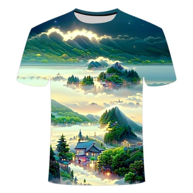 

Landscape series 3D printed fashionable men s and women s round neck short sleeves 6XL