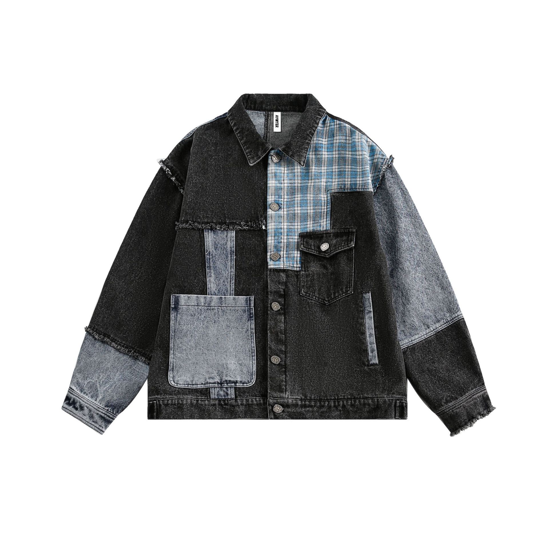 Trendy brand autumn new American retro damaged splicing washed denim jacket vintage jacket M