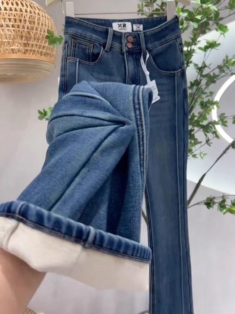 Jeansi evazați retro albaștri cu talie înaltă pentru femei 2023 cu catifea, colecție toamnă/iarnă de lux ușor