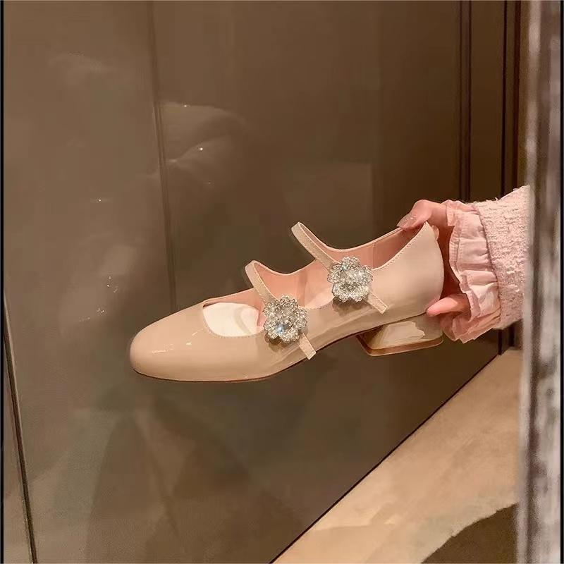 Fashion new designer crystal buckle mary janes pumps women double belt med-high heels shoes ladies glitter rhinestone ballet party shoes