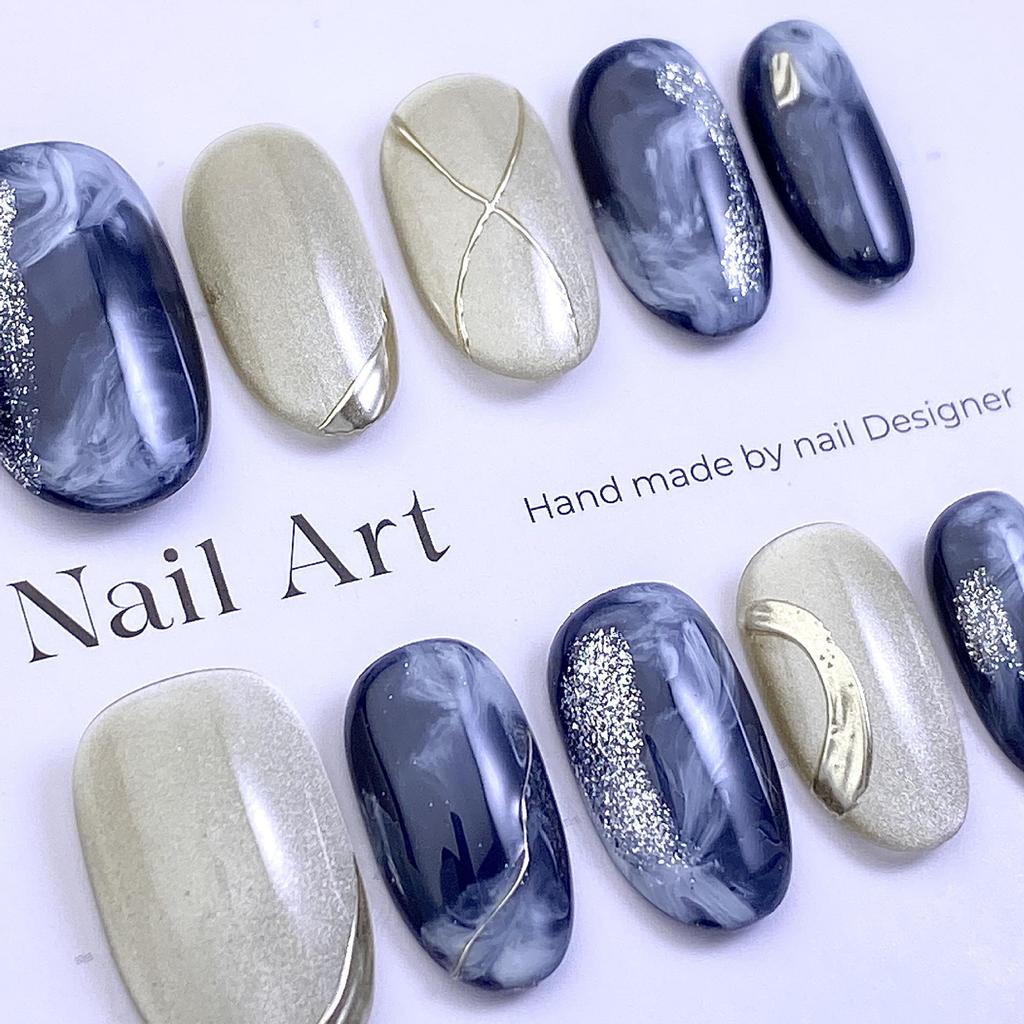 Cloud & Mist Gradient Cat Eye Press-On Nails: Blue Gold Magic Mirror Powder Manicure