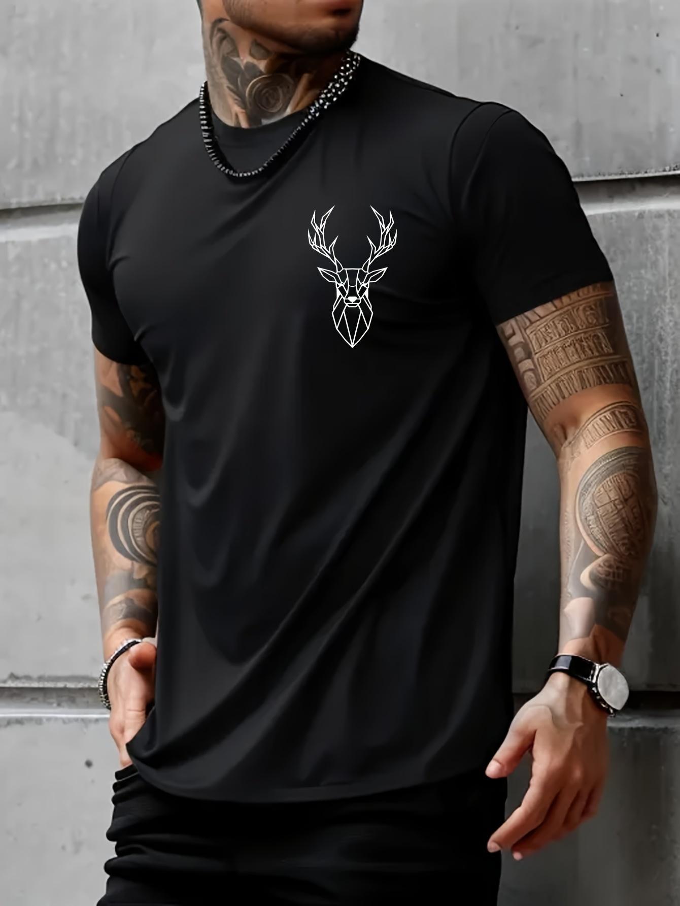 

Summer men s 100% pure cotton deer antlers graphic print casual loose sports comfortable round neck short sleeved T-shirt top S разноцветный