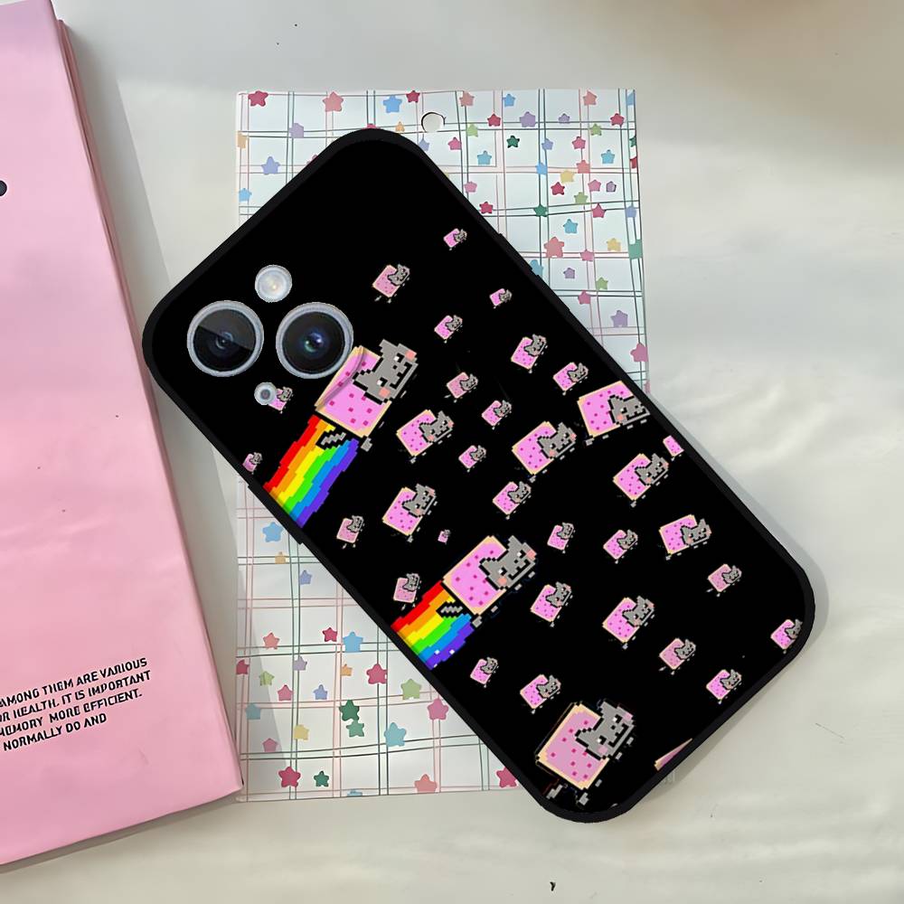 Roztomilý Vtipný Kočka N-nyan Pouzdro na Telefon Pouzdro na Telefon Pro IPhone 17,16,15,14,13,12,11,Pro,Plus,Mini Měkký Černý Kryt