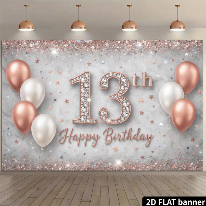 2D Diamond 13th Birthday Backdrop - Rose Gold Glitter Banner for Girls 13th Birthday Photoshoot