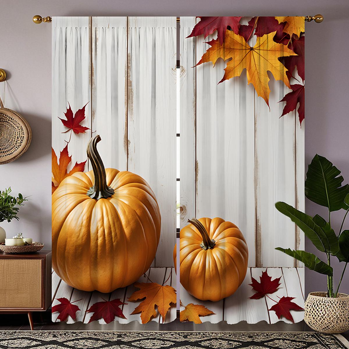 

Комплект из 2 предметов HD Хэллоуин Желтая тыква Кленовый лист декоративная занавеска Белый галстук цифровая печать занавеска Домашнее украшение стиль De W52H63inchW132H160cm