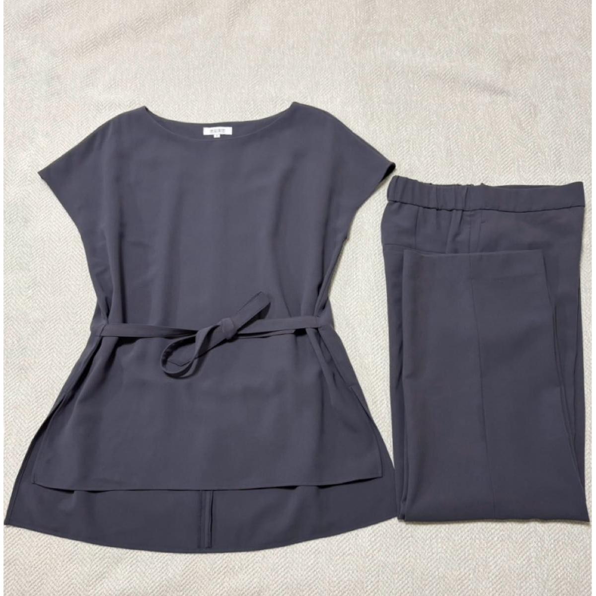 [Good Condition] PLST Plaste Blouse Pants Setup Charcoal Gray