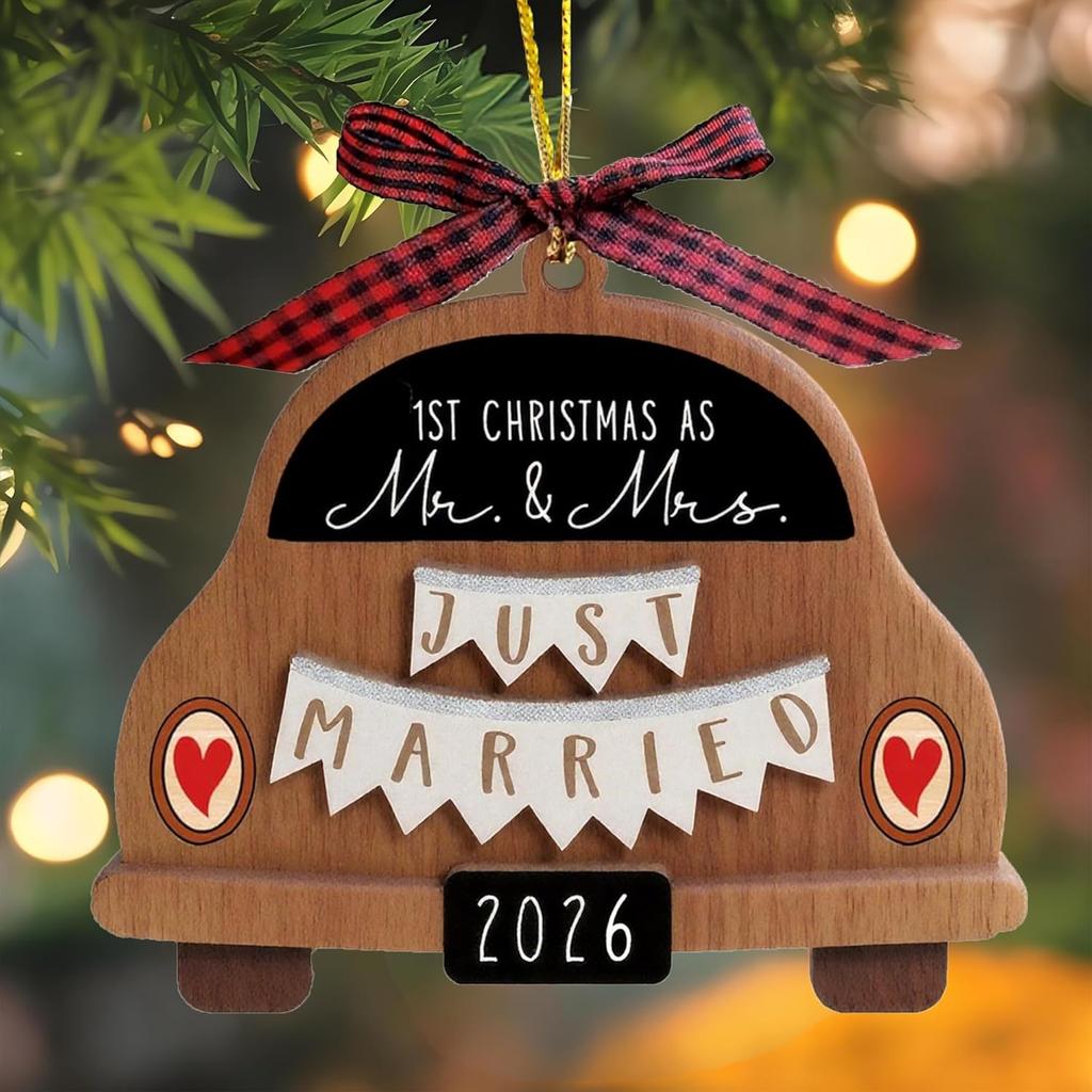 Wedding Gifts for Couples 2026 Newly Married Hanging Car Ornament Gift with Buffalo Plaid Bow Tie Just Married 3.9" Rustic Bridal Shower Decor for