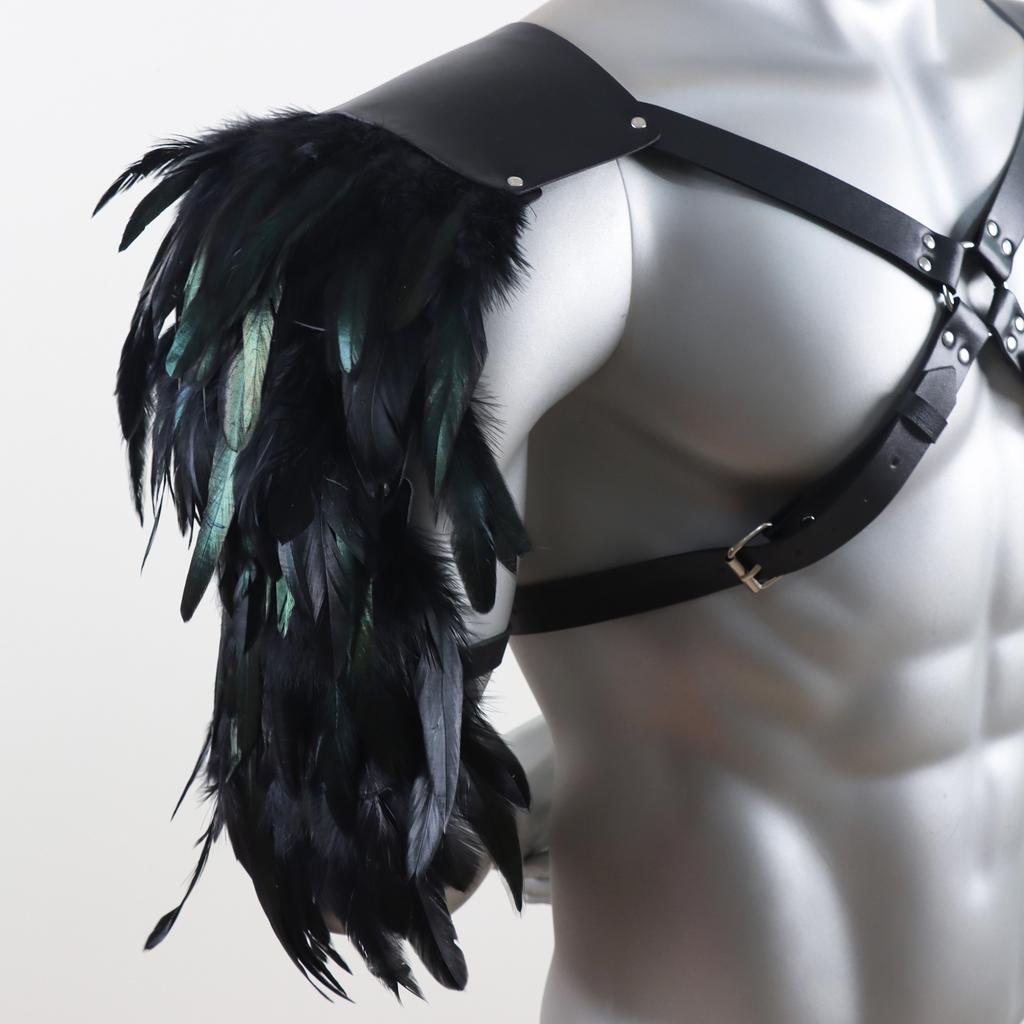 Vintage PU Leather Body Chain Harness with Feather Shoulder Armor Medieval Viking Style Chest Strap Halloween Cosplay Accessorie