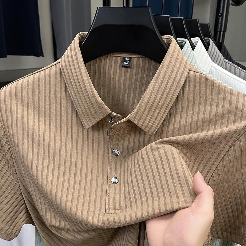 Men's Striped Ice Silk Polo: Short-Sleeved, Lapel Collar, Breathable Summer T-Shirt