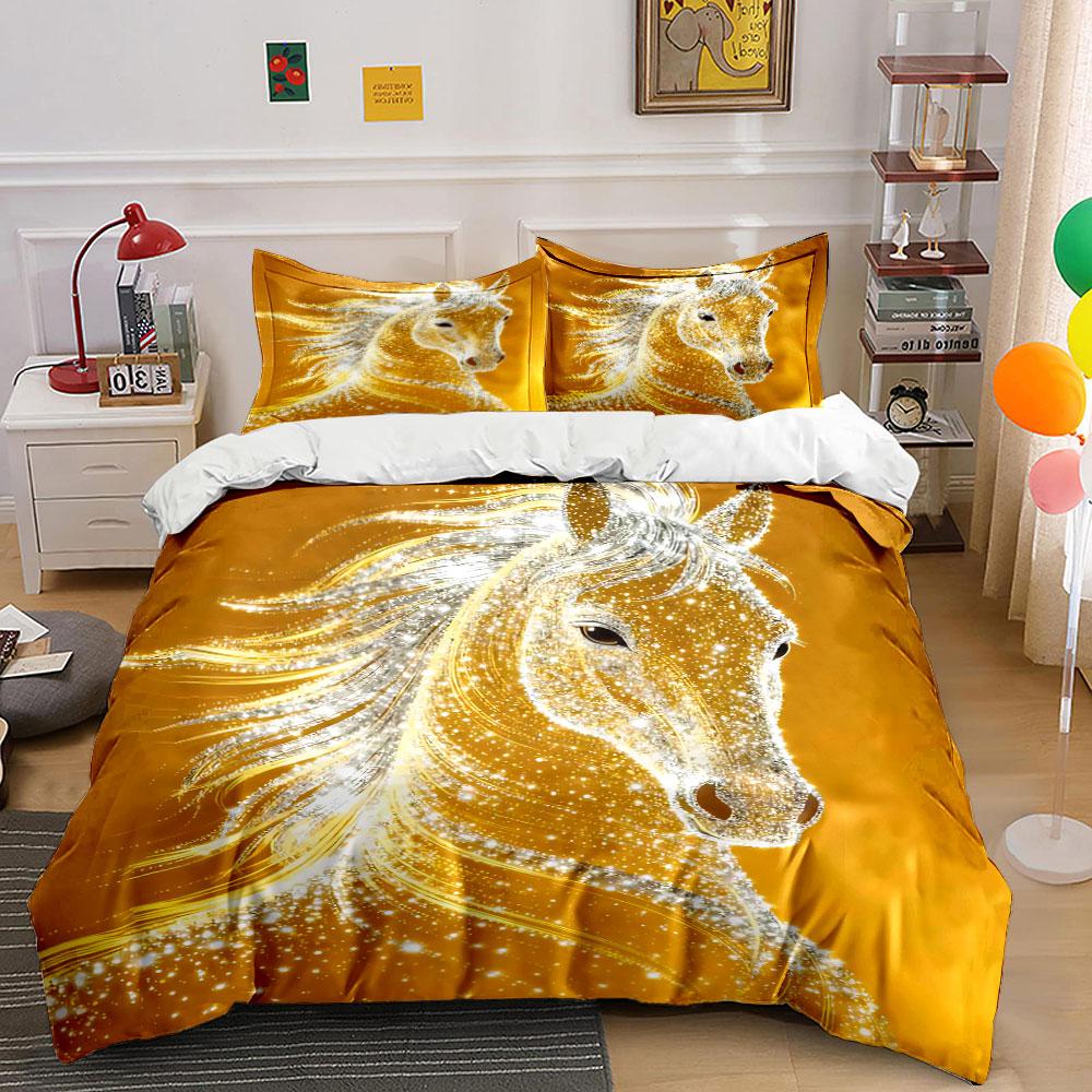 Glittering Golden Horse Design Bedding Duvet Cover Set Duvet Cover Pillowcases  (1 * Duvet Cover 2 * Pillowcases, without duvet insert)