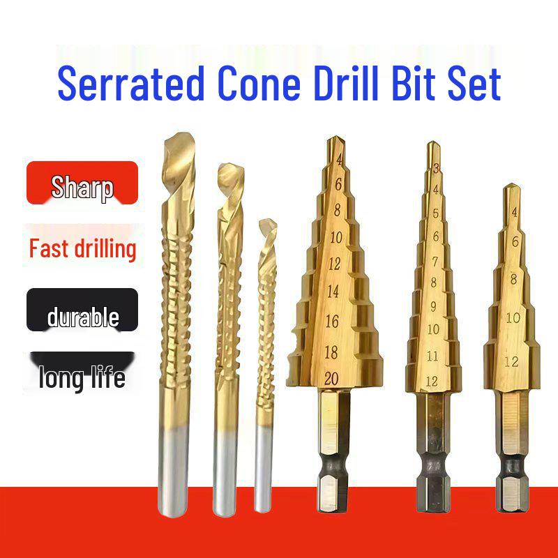 6-Piece Titanium Coated Serrated Step Drill Bit Set - Rustproof, Durable, High-Efficiency Twist Hole Opener.