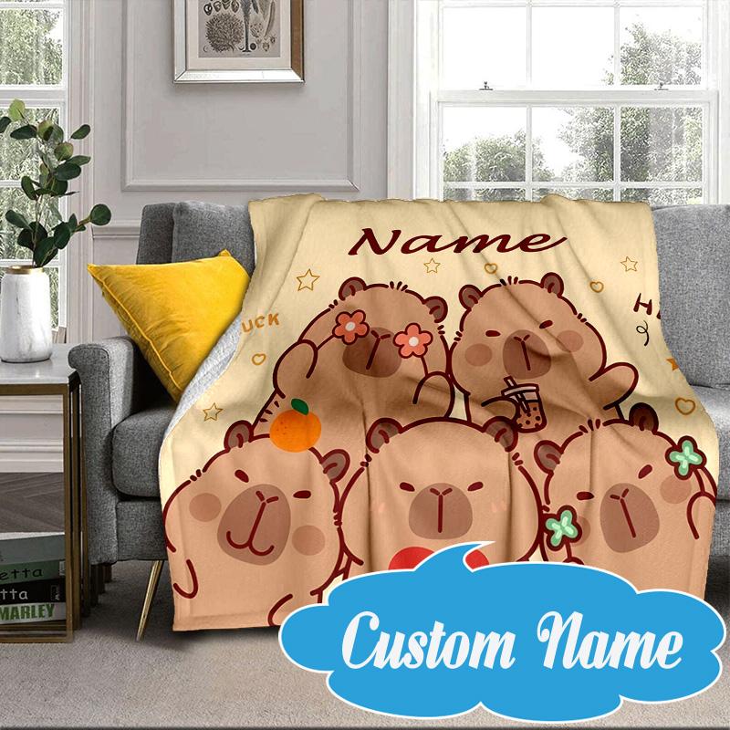 Custom Name Kapibala Blanket bed sofa Blanket Flannel Blanket for Camping, Hiking, Picnic Essentials,gift for Fan family