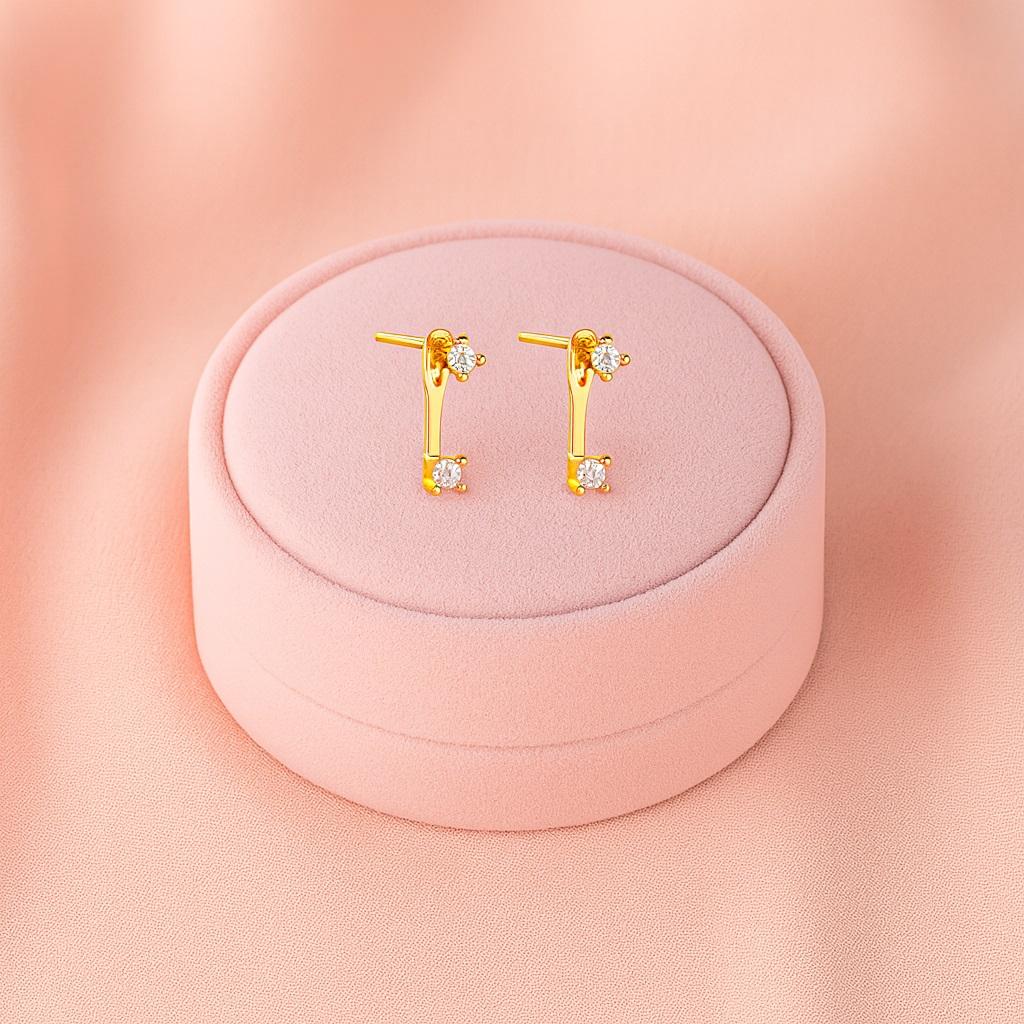 Minimal Double Stone Bar Stud Earrings - 925 Sterling Silver Yellow Plated