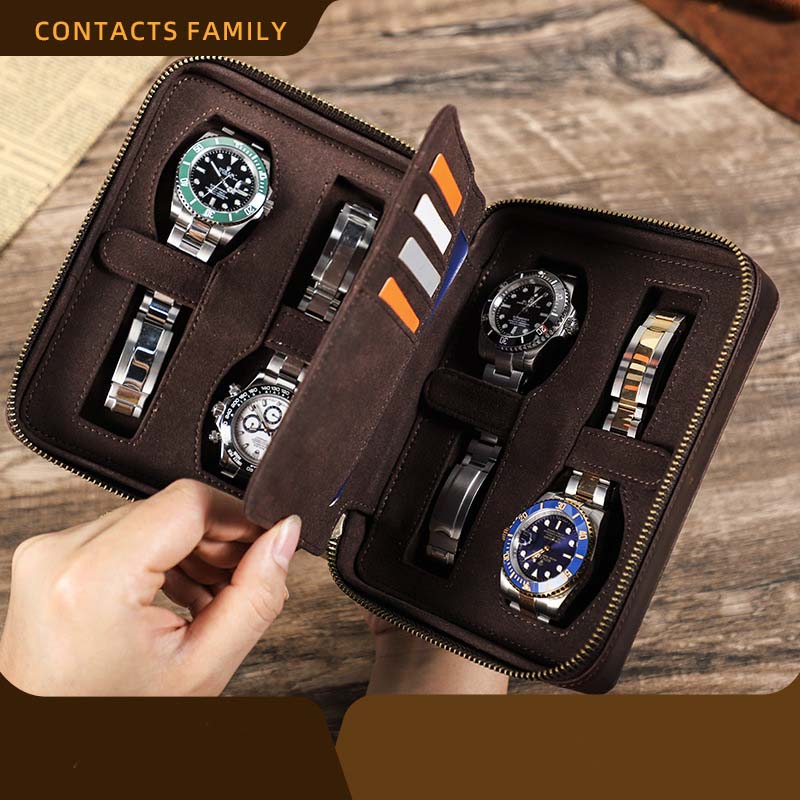 Genuine Leather 4 Slot Watch Box Display Case Storage Watch Organizer Zipper Travel Watch Collector Case with Card Holder Pocket