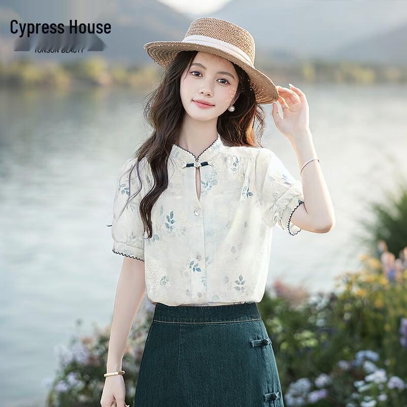 New Chinese Style Floral Puff Sleeve Blouse M