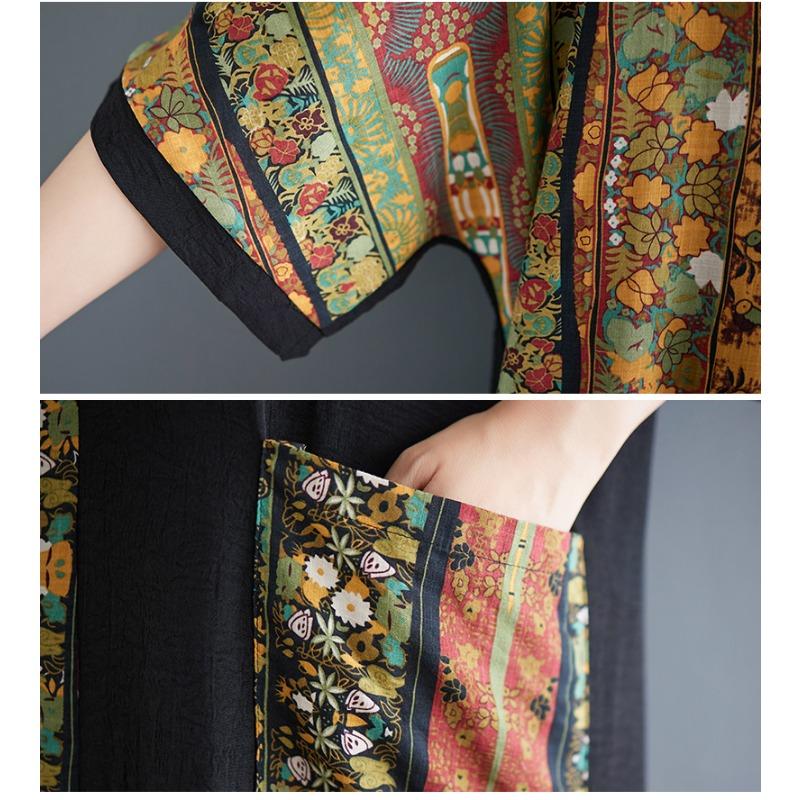 DIMANAF 2025 New Women Plus Size Summer Loose Dress Casual Linen Floral Dress Basic Vintage Short Sleeve
