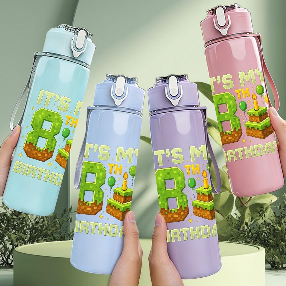 1PC Its My 8th Birthday Text Art Print 750ml Color Plastic Sports Water Bottle Leakproof Flip Straw Lid Suitable for Sports Office Home Use