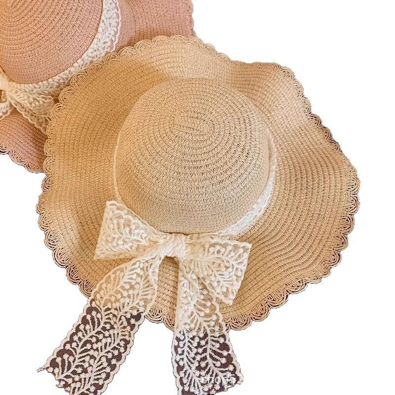 Women's Summer Outdoor Large Brim Sun Protection Fashionable Seaside Beach Sunshade Lace Straw Hat