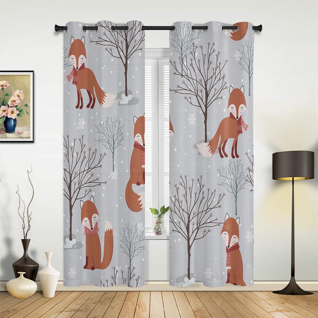 Autumn Leaf Cartoon Animal Fox Curtains Bedroom Living Room Drapes Kitchen Children Window Curtain Home Decor Modern Polyester Washable Area Ready