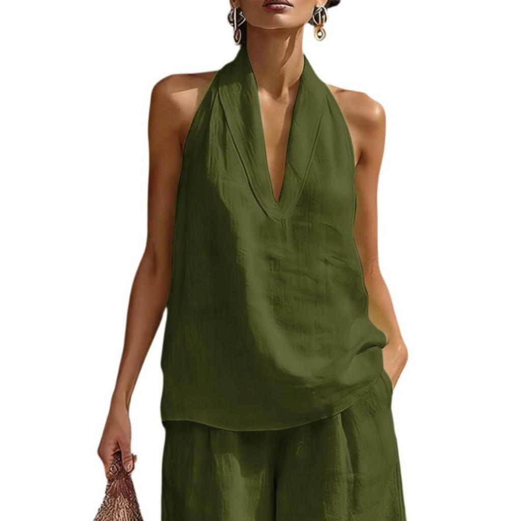 Dameslosse Pasvorm V-hals Halterhals Mouwloos Effen Kleur Katoen Linnen Tanktop Zomer Casual Blouse