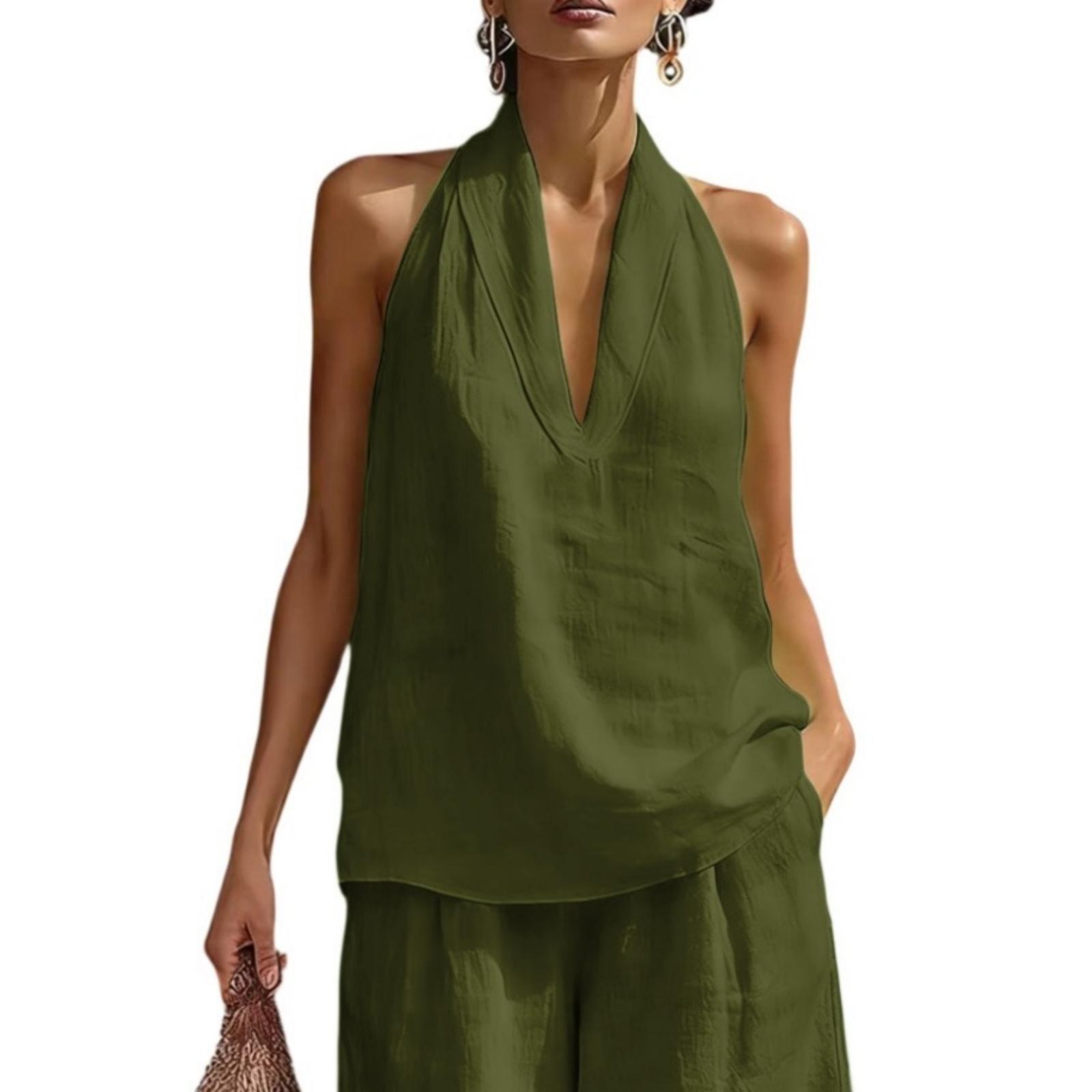 Women s Color Cotton Linen Neck Sleeveless V-Neck T-Shirt Top Loose Fit Fashion L