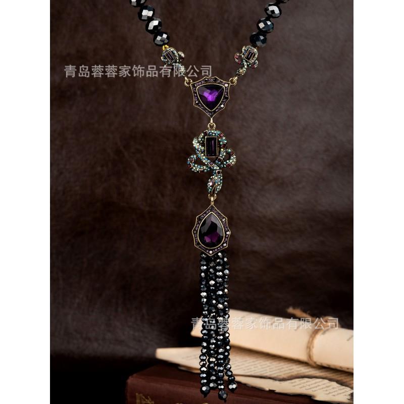 Cross Border Hot Bohemian Ethnic Style Purple Crystal Glass Retro Earrings Heavy Industry Snake Fringe Sweater Chain